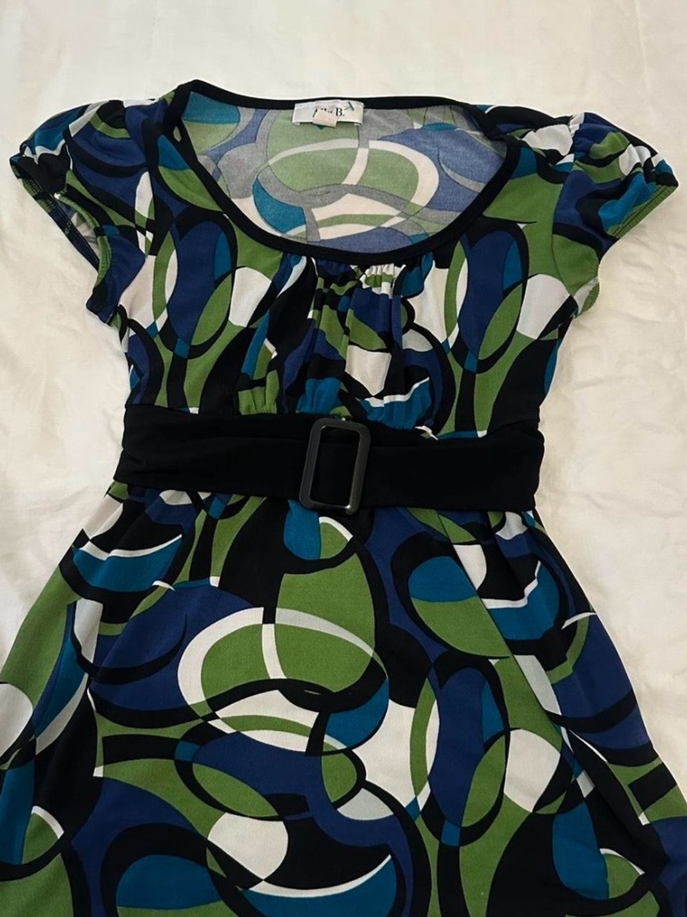 Abstract Green & Blue Belted Tunic Dress